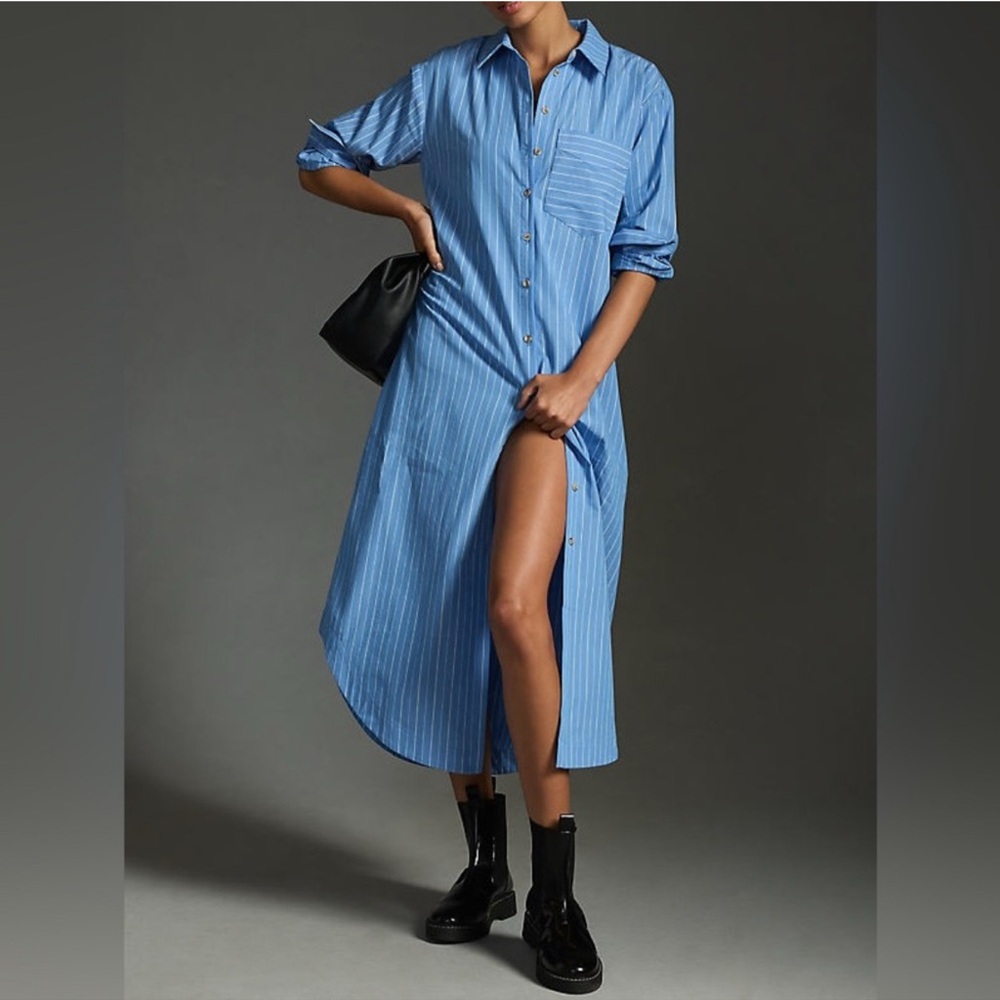 Maeve Anthropologie The Soren LongSleeve Maxi ShirtDress Blue White Stripe Small